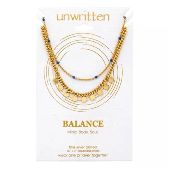 Unwritten Gold Flash Plated Square Circle & Blue Bead Layered Pendant Necklace - Picture 1 of 3